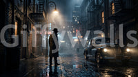 Fog drifts past faint bar and club signage in this midnight city wall mural
