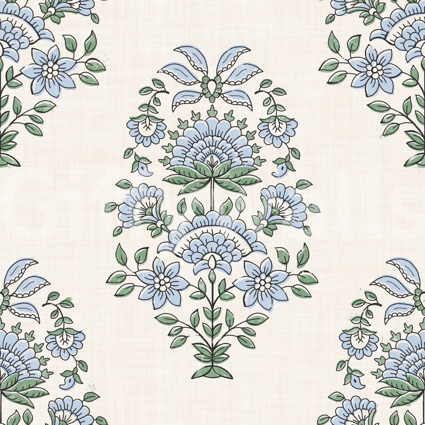 Corner sprigs balance the central spray on Serene Blue Floral Motif Wallpaper