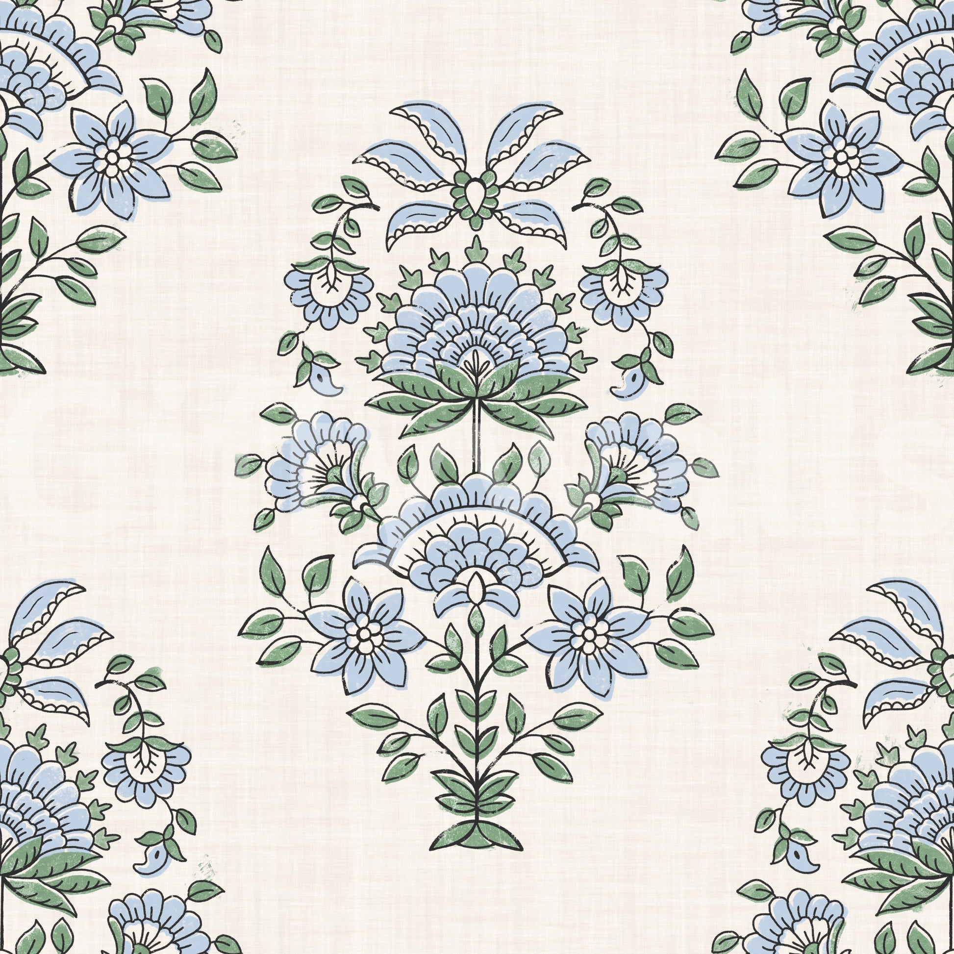 Corner sprigs balance the central spray on Serene Blue Floral Motif Wallpaper