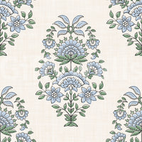Corner sprigs balance the central spray on Serene Blue Floral Motif Wallpaper