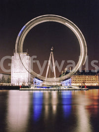 Pale tower and historic facades sit behind the London Eye wall mural
