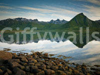 Rocky shoreline and kelp anchor the foreground of this Mirror Waters wall mural.
