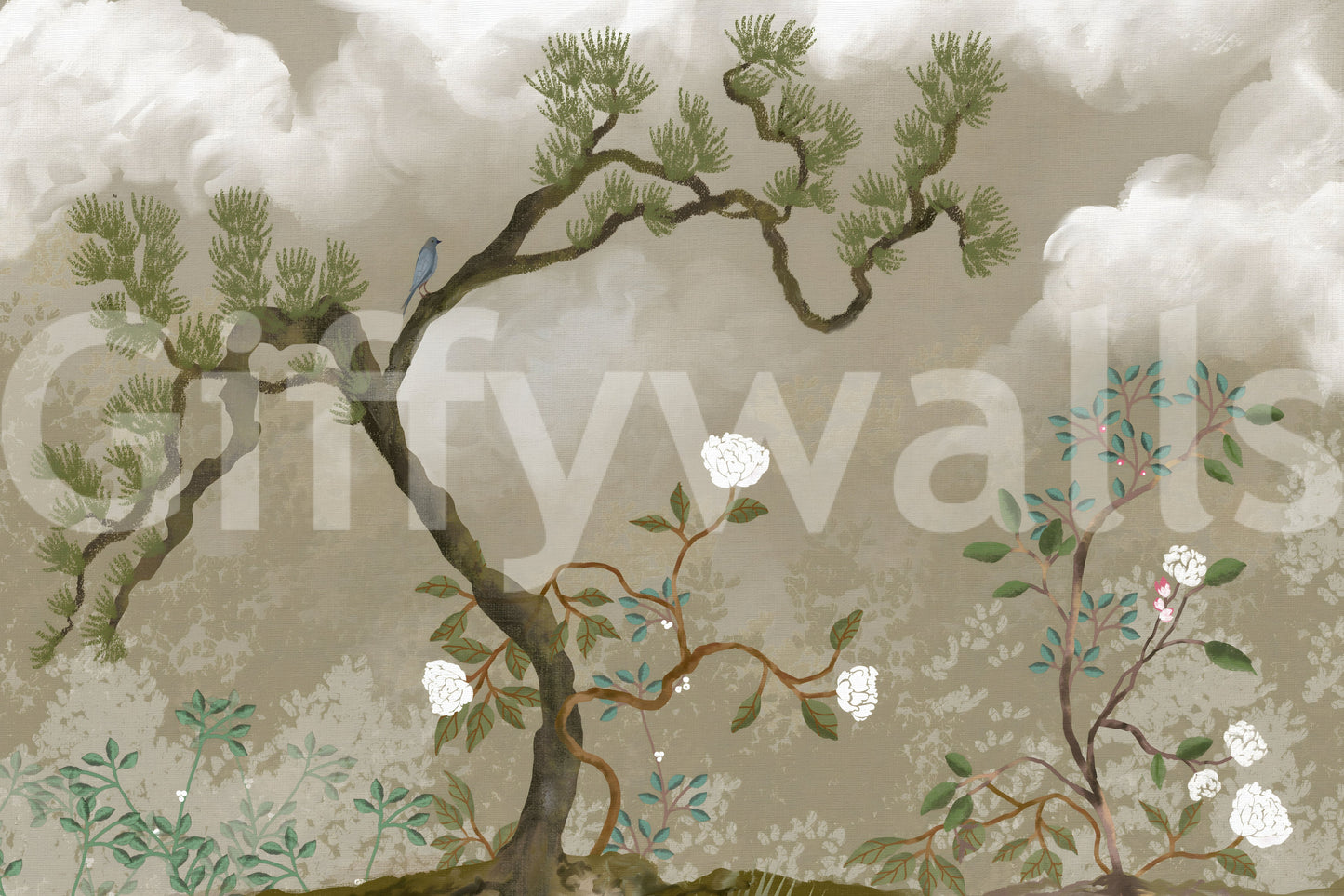 A second flowering shrub tipped with pink stands to one side of the wall mural