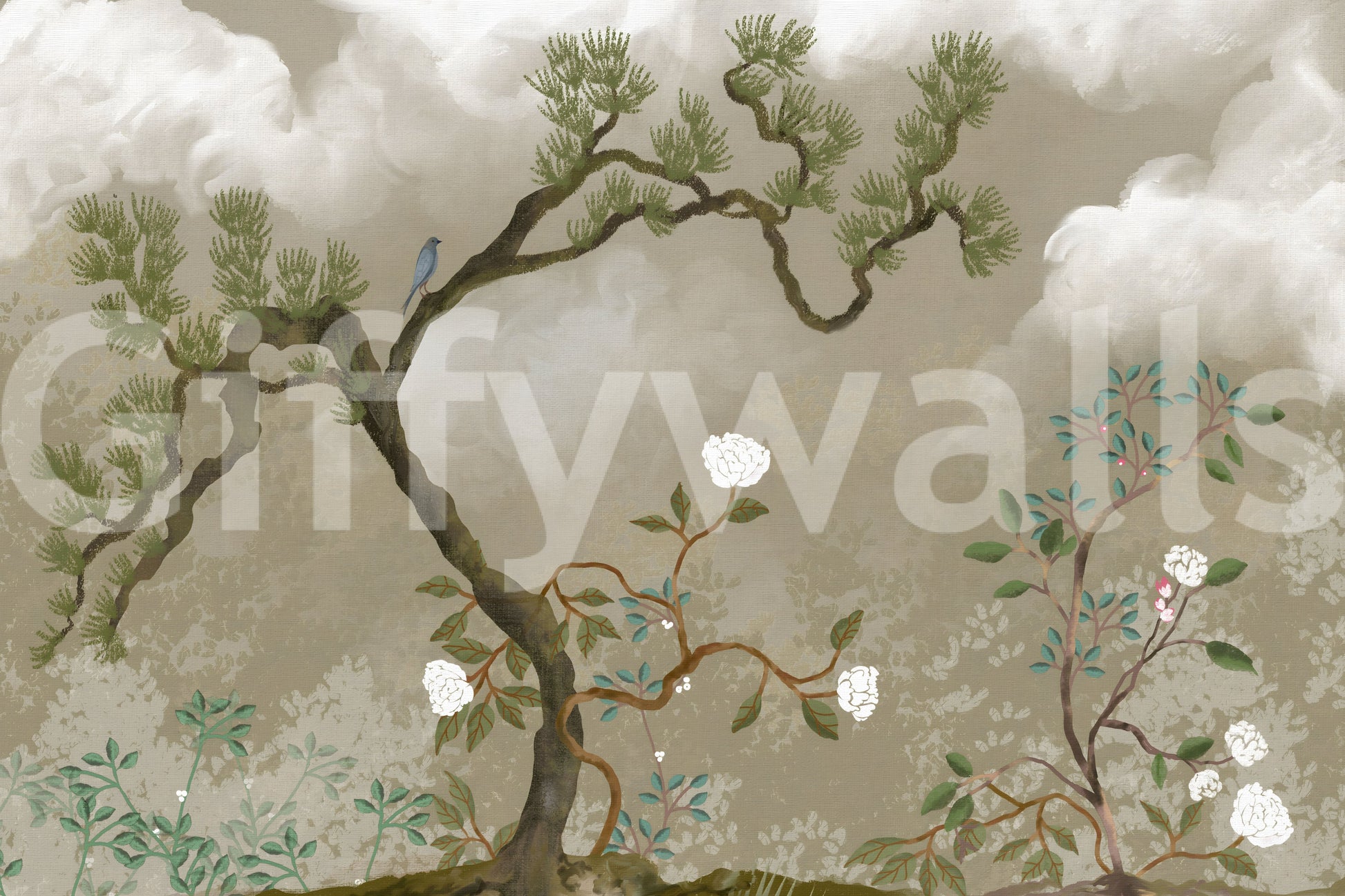 A second flowering shrub tipped with pink stands to one side of the wall mural