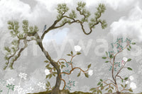 Muted grey, green and white make up the chinoiserie wall mural palette
