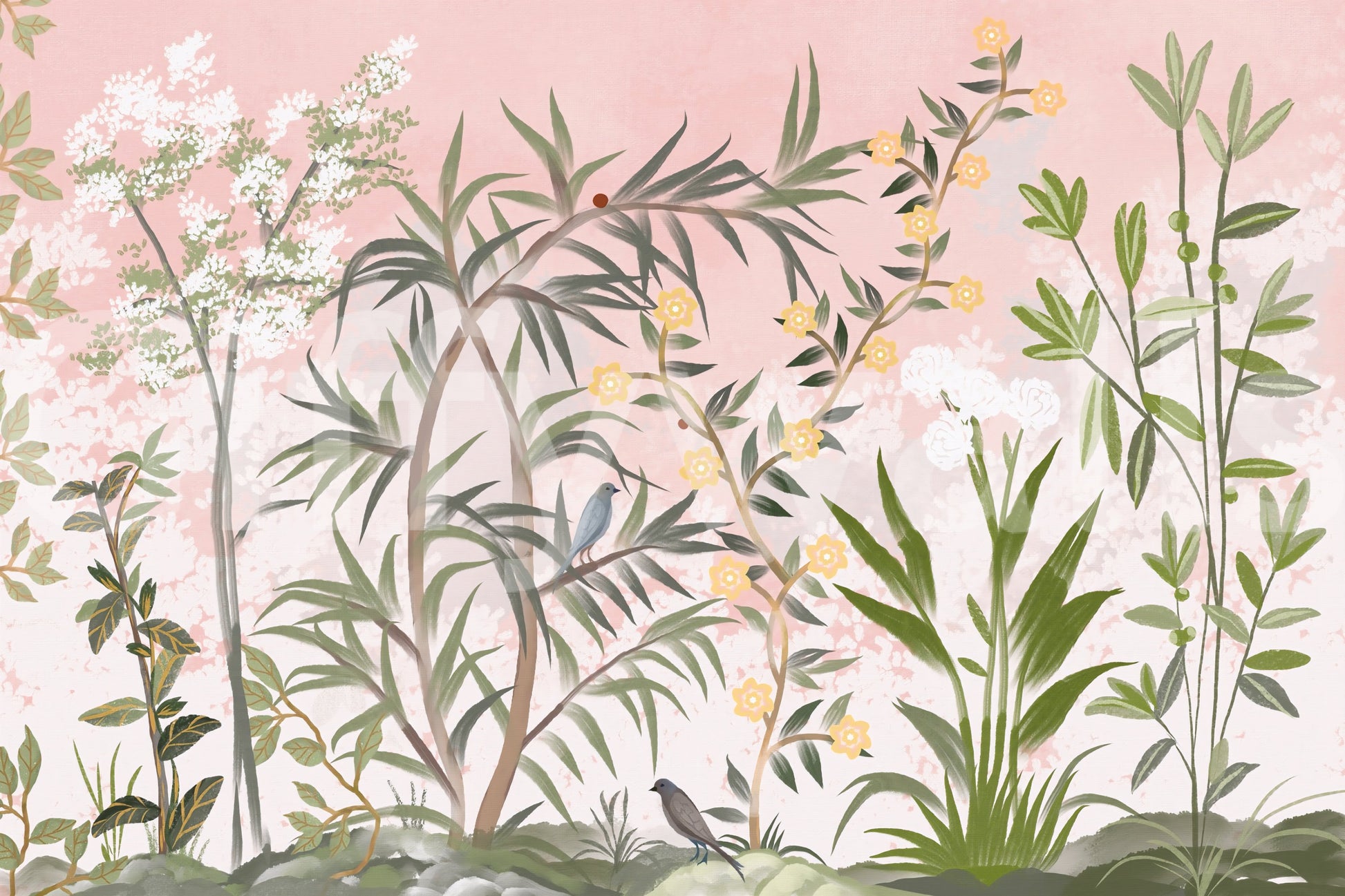 Slim trees and trailing vines lead the eye upward over a gentle chinoiserie wall mural