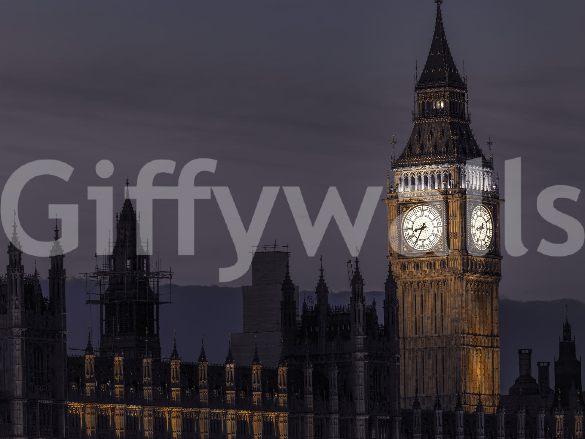 Calm skyline lines up tower and Parliament on the Twilight Over Big Ben wall mural.