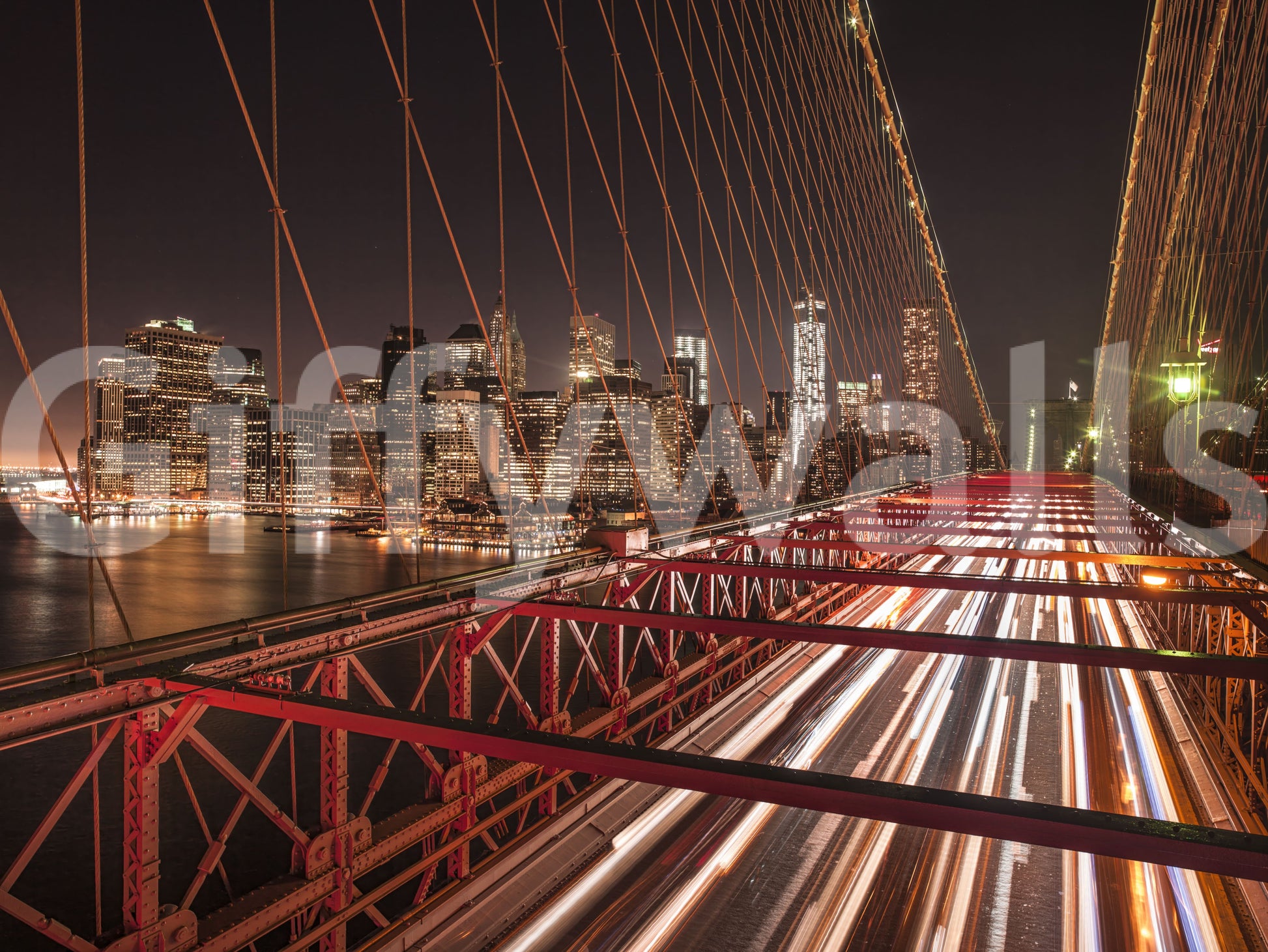 Golden windows shine brightly on the City Pulse: Brooklyn Bridge at Night wall mural.