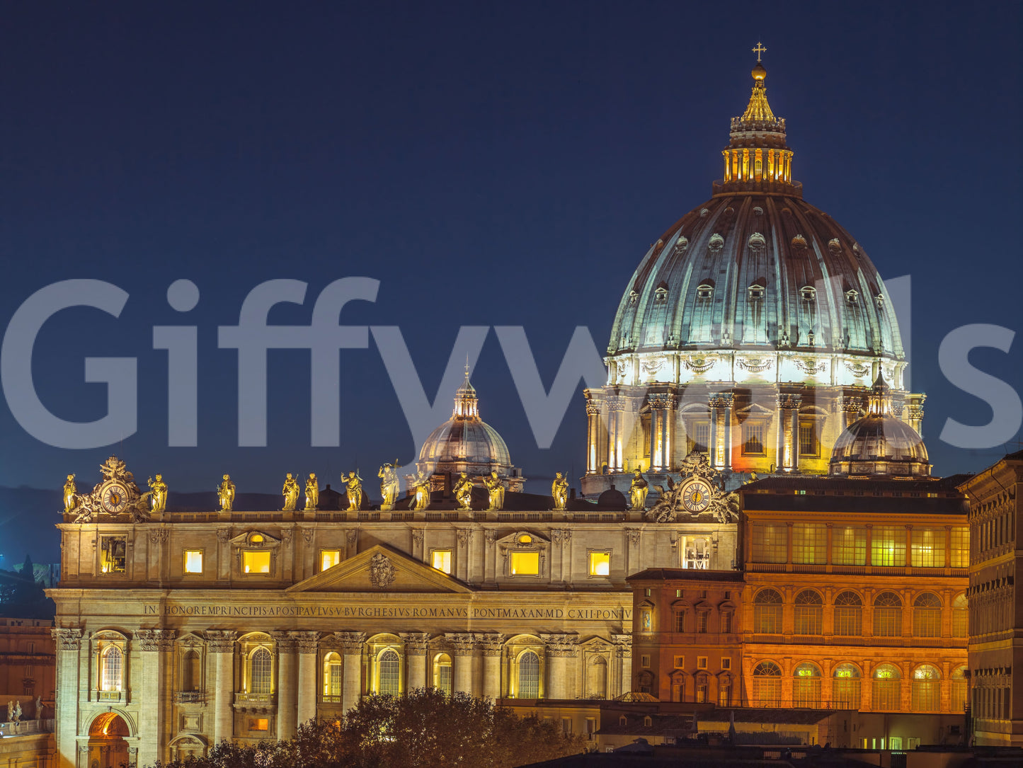 Latin inscription marks the lower band on the Vatican Night wall mural scene.