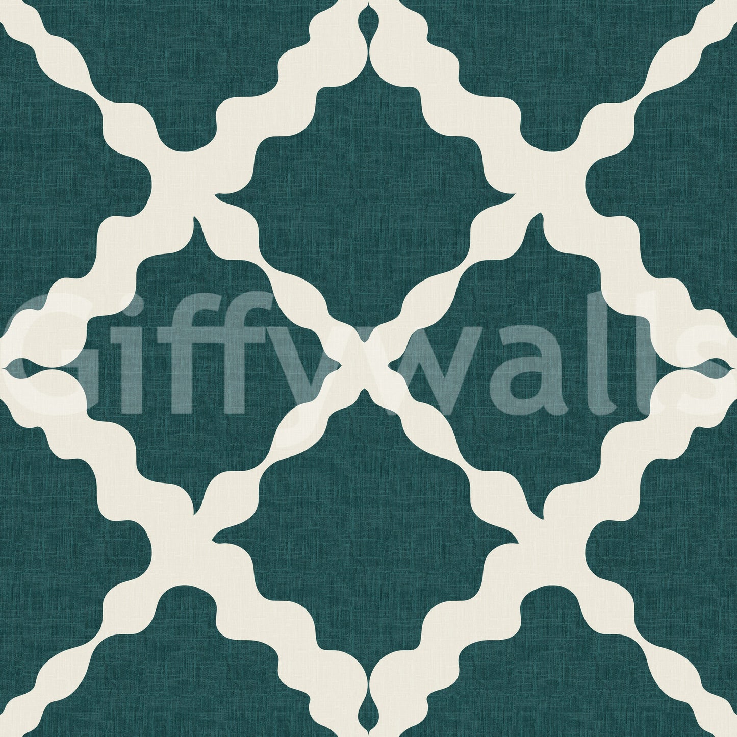 Quiet cream lattice motifs sit on a deep teal linen wallpaper backing