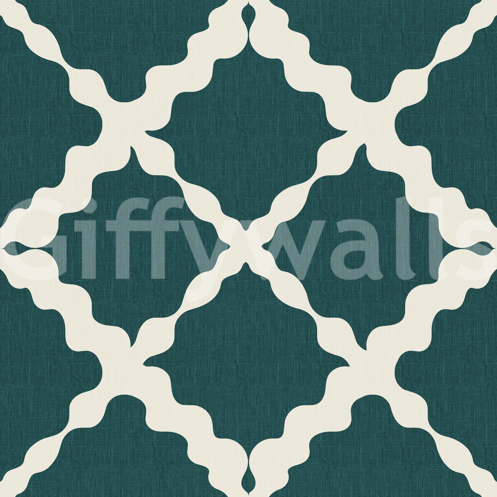 Quiet cream lattice motifs sit on a deep teal linen wallpaper backing