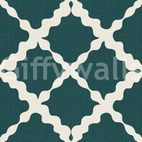 Quiet cream lattice motifs sit on a deep teal linen wallpaper backing