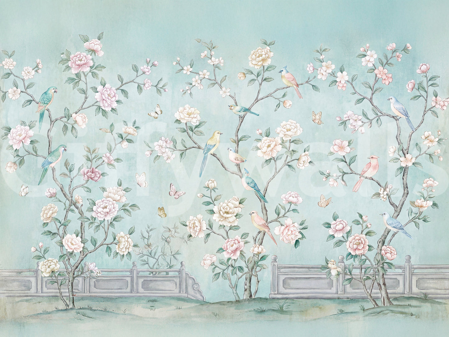 Below the painted scene, a stone balustrade ends the Chinoiserie Aviary wall mural.