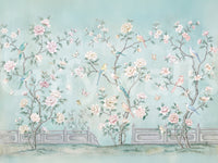 Below the painted scene, a stone balustrade ends the Chinoiserie Aviary wall mural.