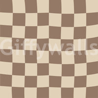 Wave-shaped checker squares fill the Wavy Beige Check wallpaper in beige and brown.