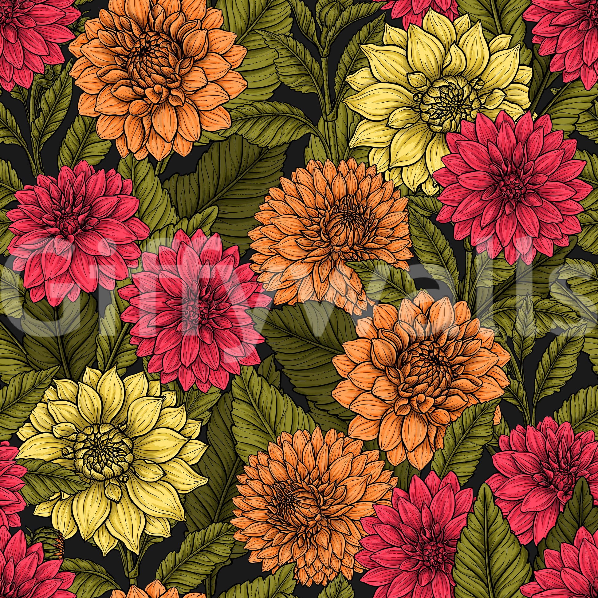 Massive flower heads in vivid autumn tones dominate the Dahlia garden wallpaper.