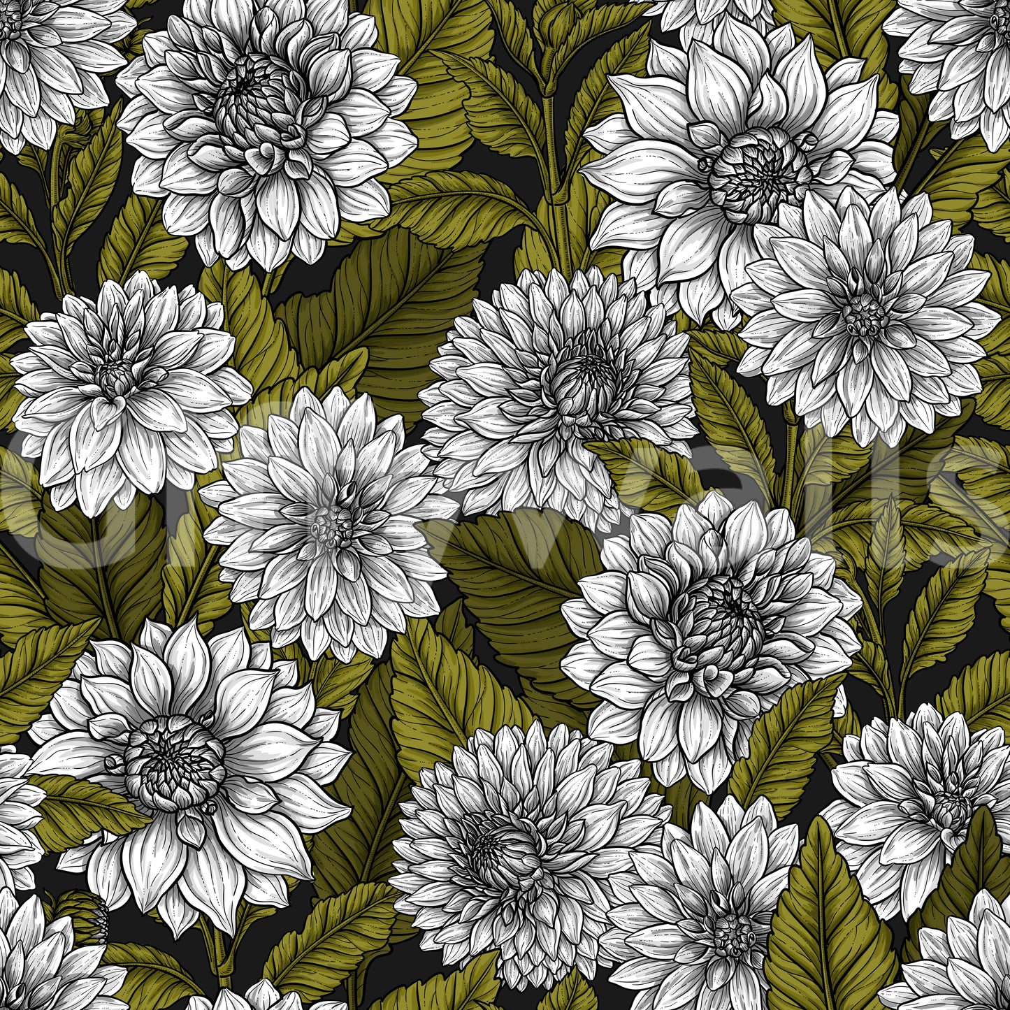 Continuous intersecting lines form large blossoms on the White Dahlia garden wallpaper.