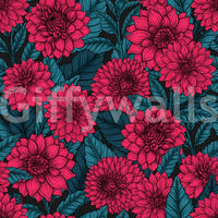 The dark background contrasts sharply with vibrant dahlias upon the floral wallpaper.