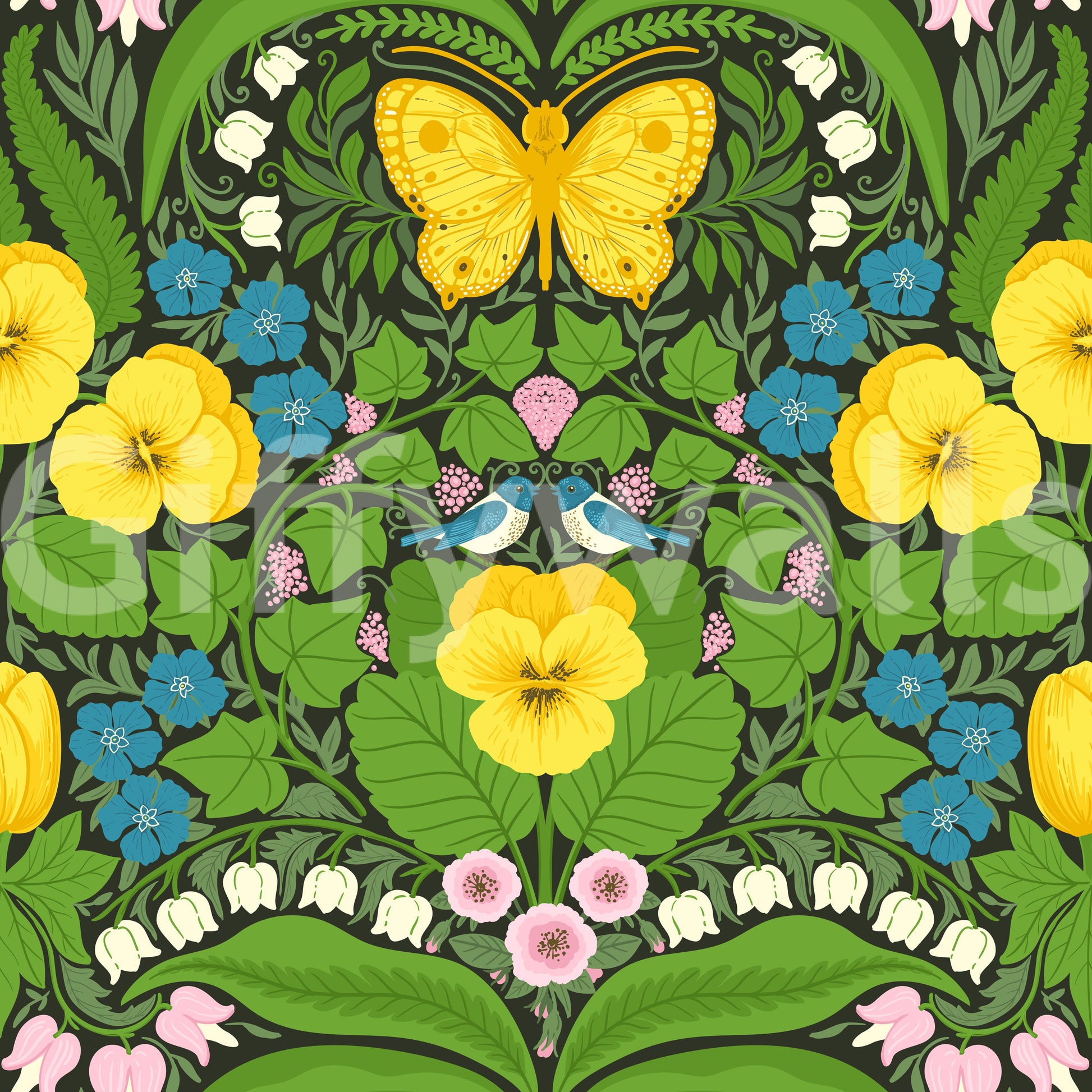 Giant golden insects sit perfectly centered within this botanical butterflies wallpaper.