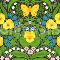 Giant golden insects sit perfectly centered within this botanical butterflies wallpaper.