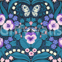Midnight blue canvas provides intense contrast for the vibrant pansies wallpaper.