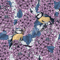 Deep violet foliage accents pop against the backdrop of this floral wallpaper.