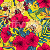 Deep blue leaf shadows contrast sharply against the golden Tropical wallpaper backdrop.