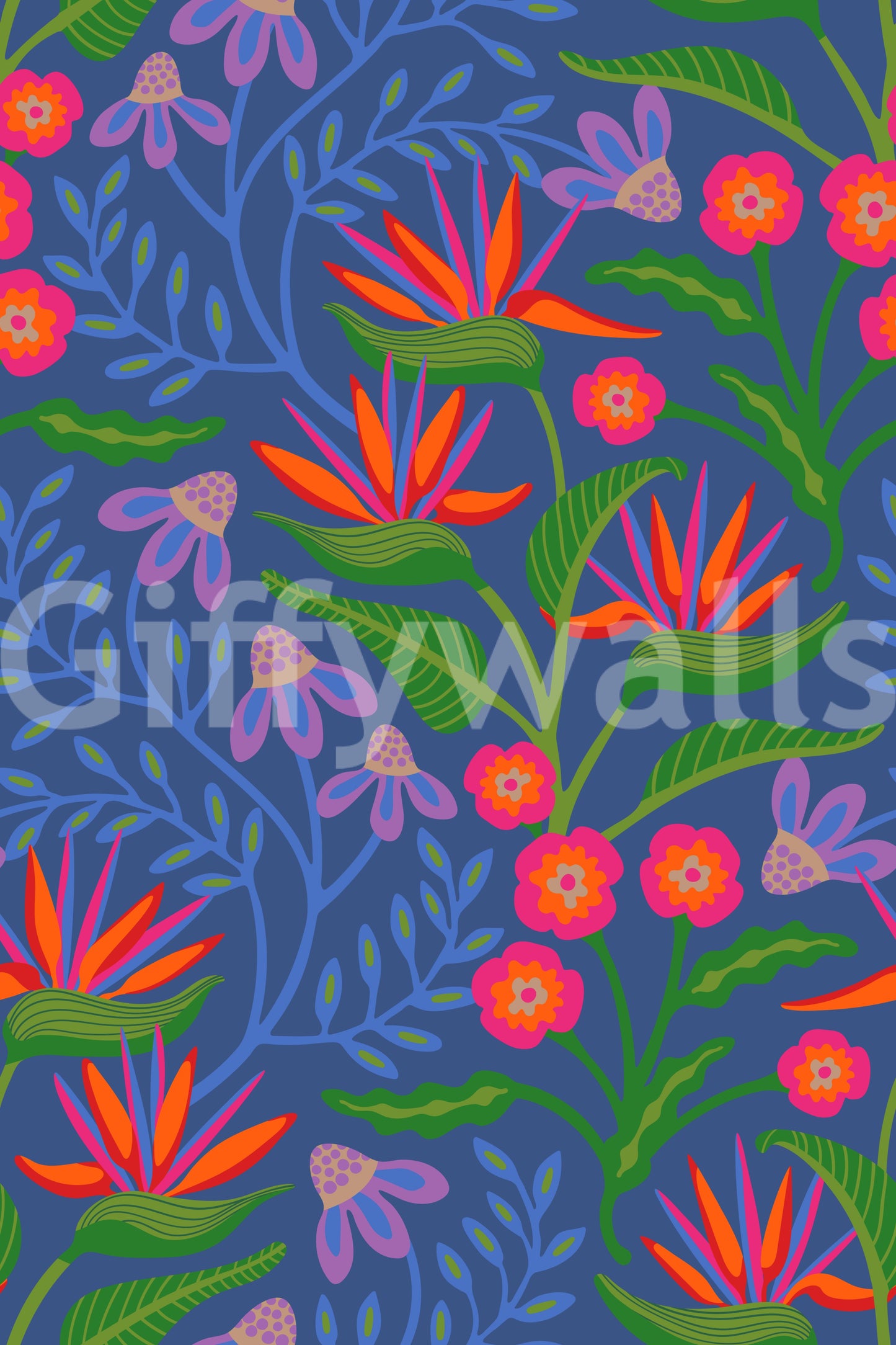 The striking bird of paradise wallpaper creates a dense canopy of green ferns.