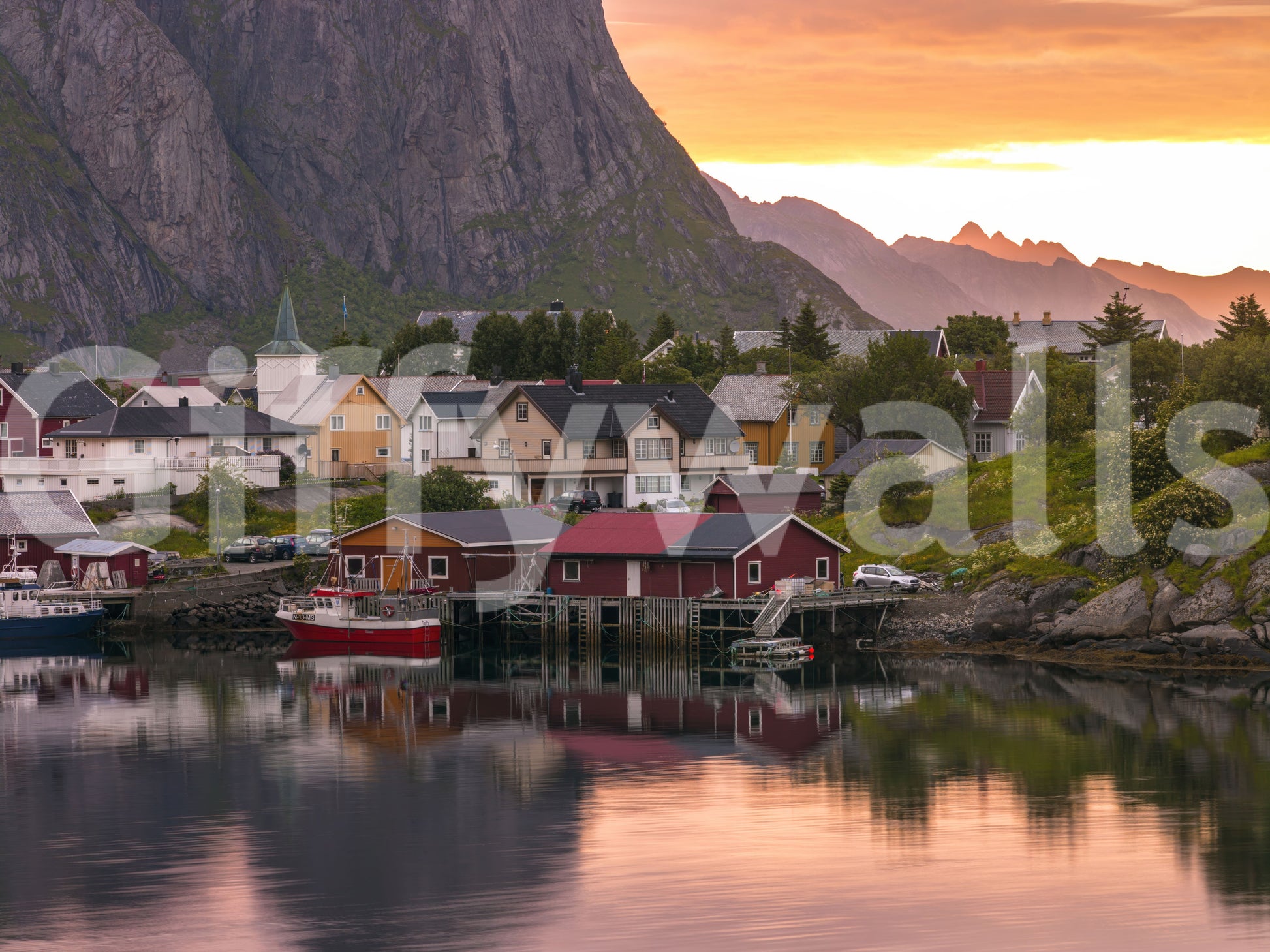 Deep reflections mirror tiny Scandinavian houses scattered across a Village wall mural.