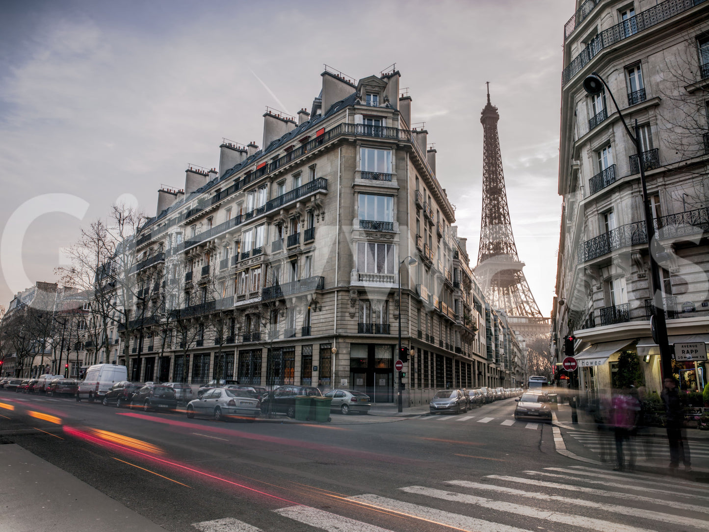 Classic corner building facades structure the Parisian Evening Flow Wall Mural.