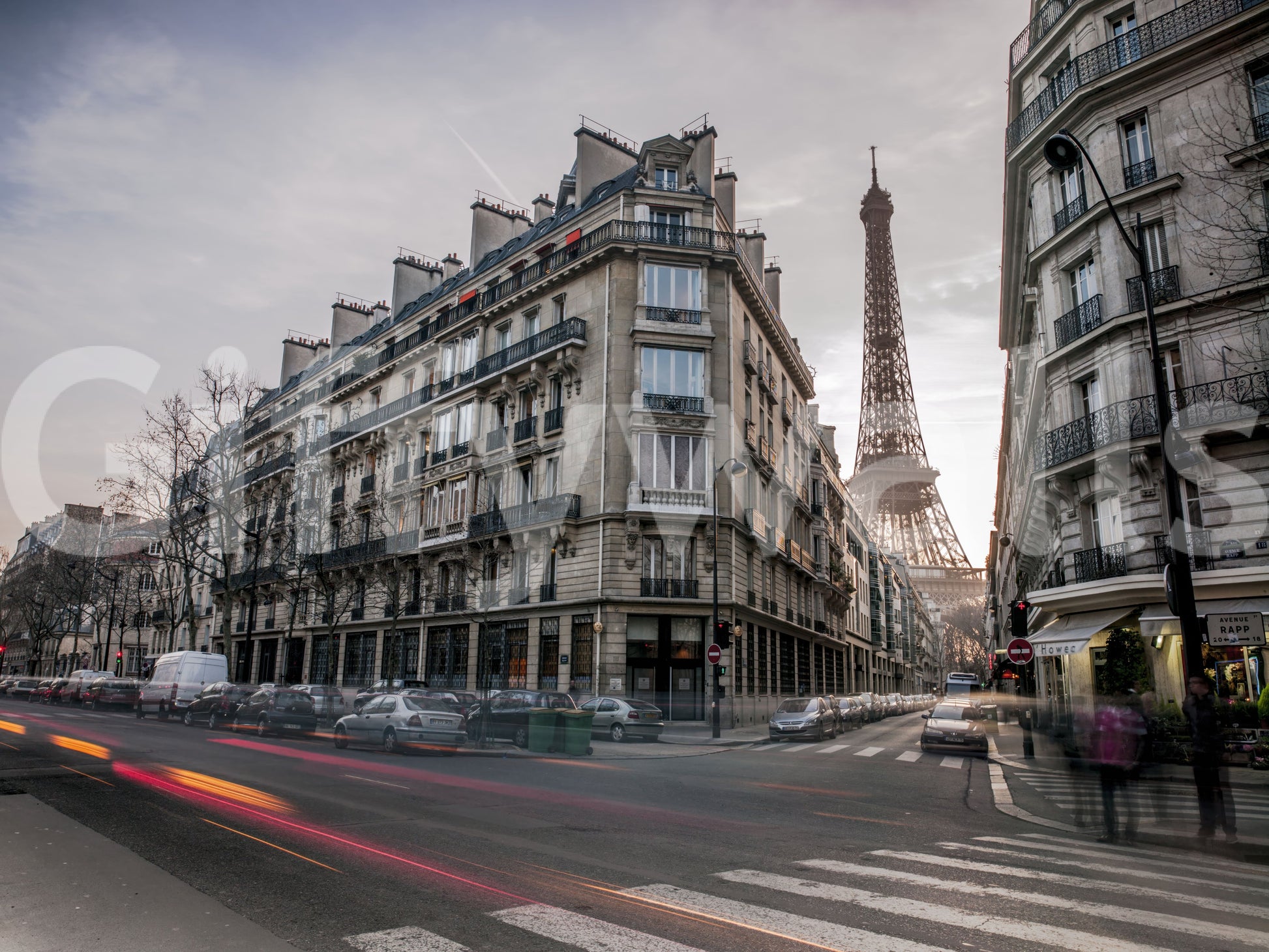 Classic corner building facades structure the Parisian Evening Flow Wall Mural.
