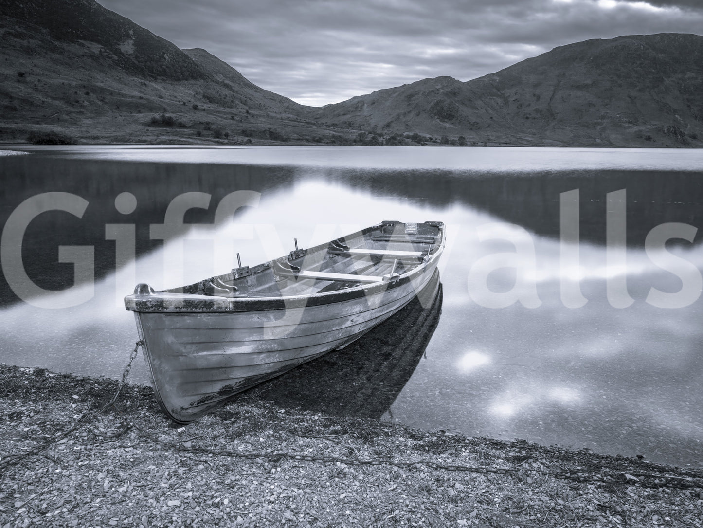 Cloudy sky and faint reflections give the Silent Waters wall mural a hushed pull.