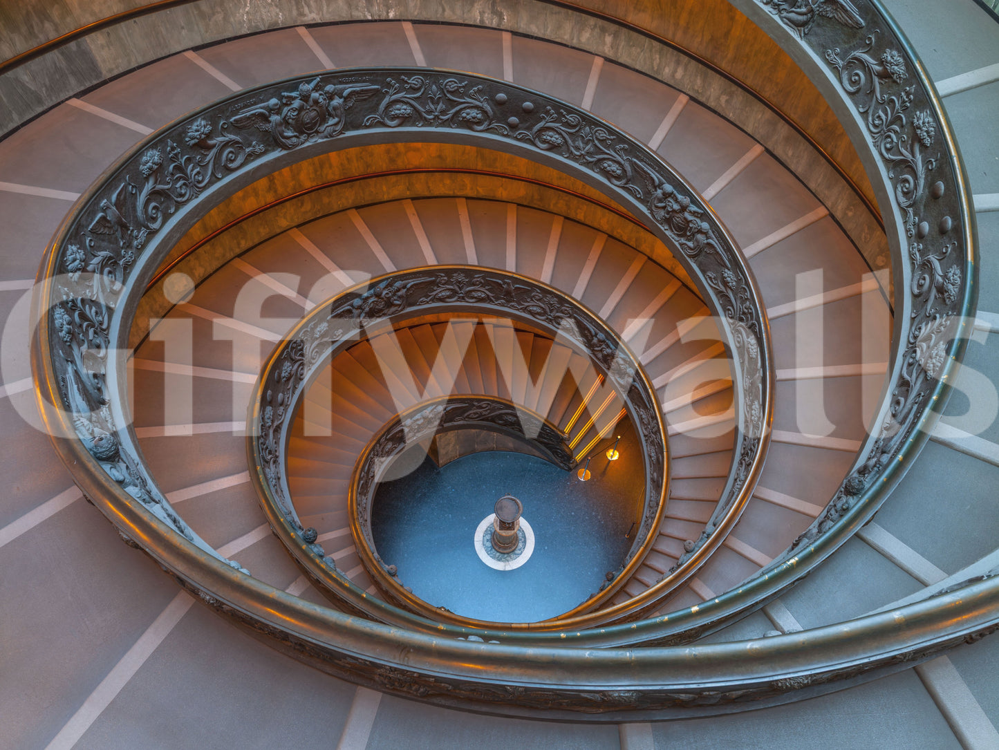 Concentric helix lines lead the eye toward the base of Bramante's Ascent wall mural.