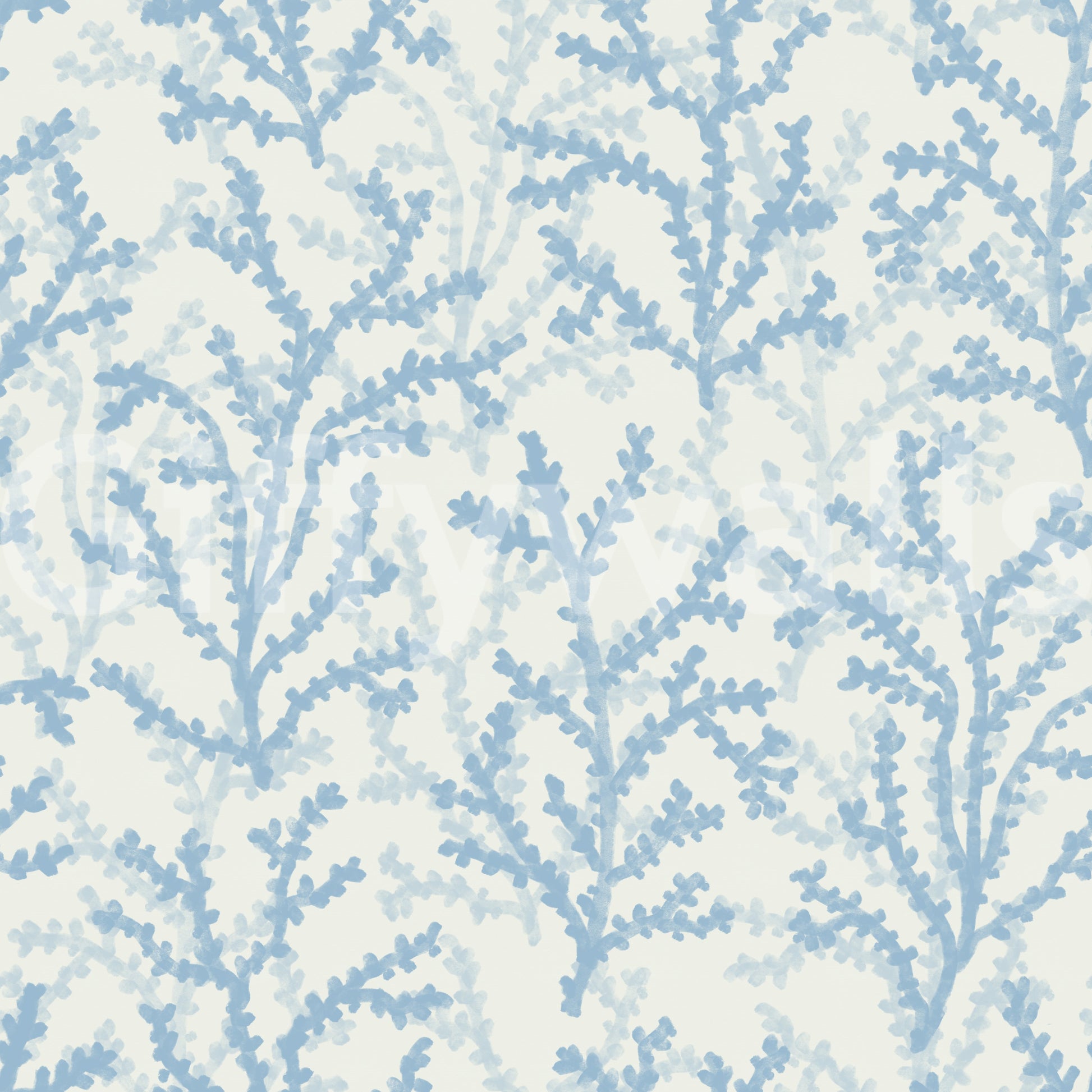 Botanical pattern in Painted Coraline Dreaming Blue wallpaper holds watery brush strokes.
