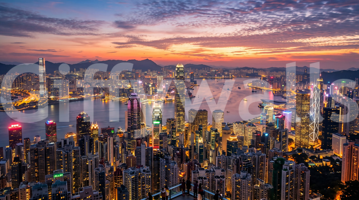Majestic mountains sit quietly behind the vibrant Twilight wall mural skyline.