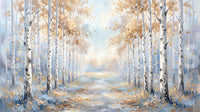 White bark textures define the vertical elements within the Golden Birch Path Wall Mural.