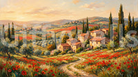 Dirt track curves toward the cluster of buildings in the Tuscan Poppy Fields wall mural