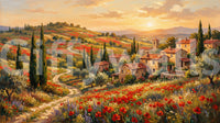 Tuscan poppy village dusk wall mural swatch with red flowers and golden sky