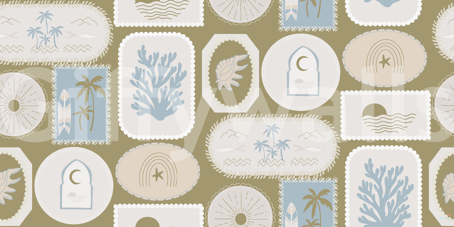 Olive Green Coastal Frame Wallpaper Boho Tropical Wallpaper⁠