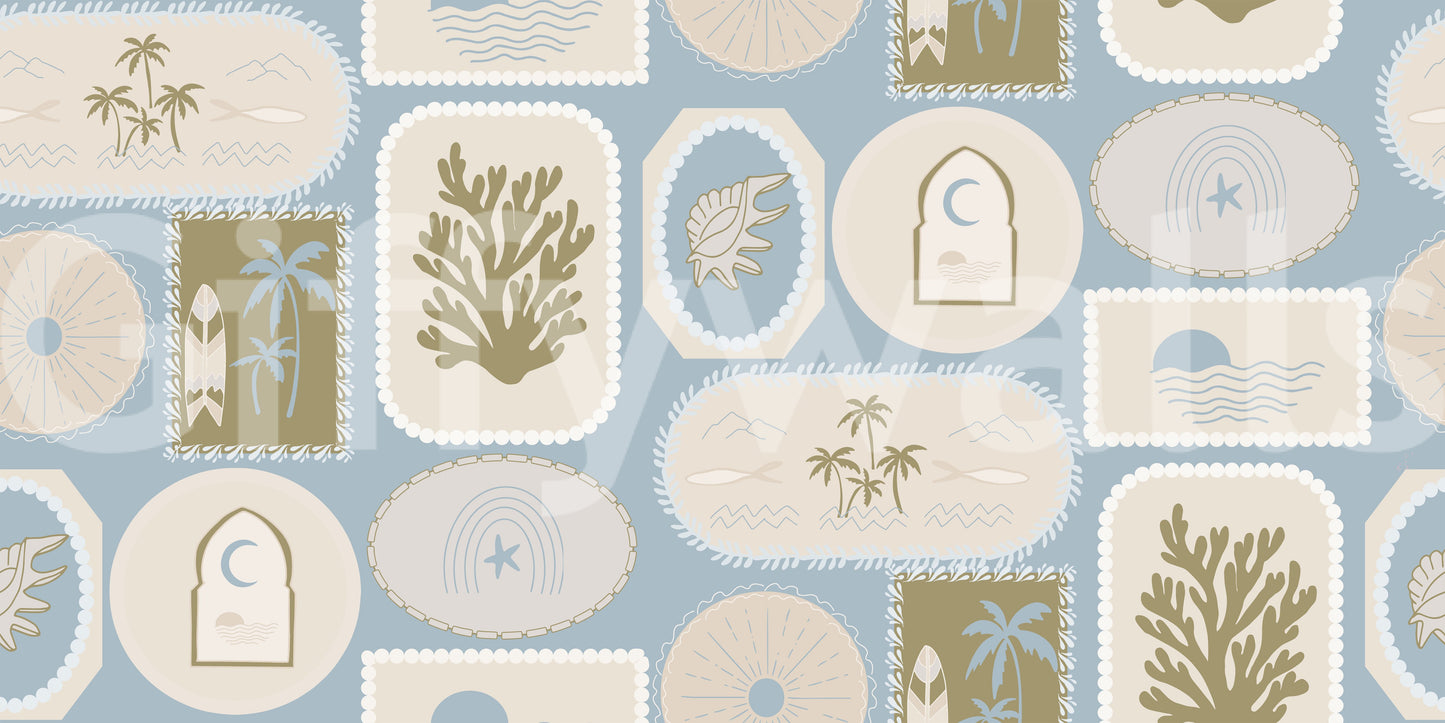Soft Blue Coastal Frame Wallpaper Boho Tropical Wallpaper⁠