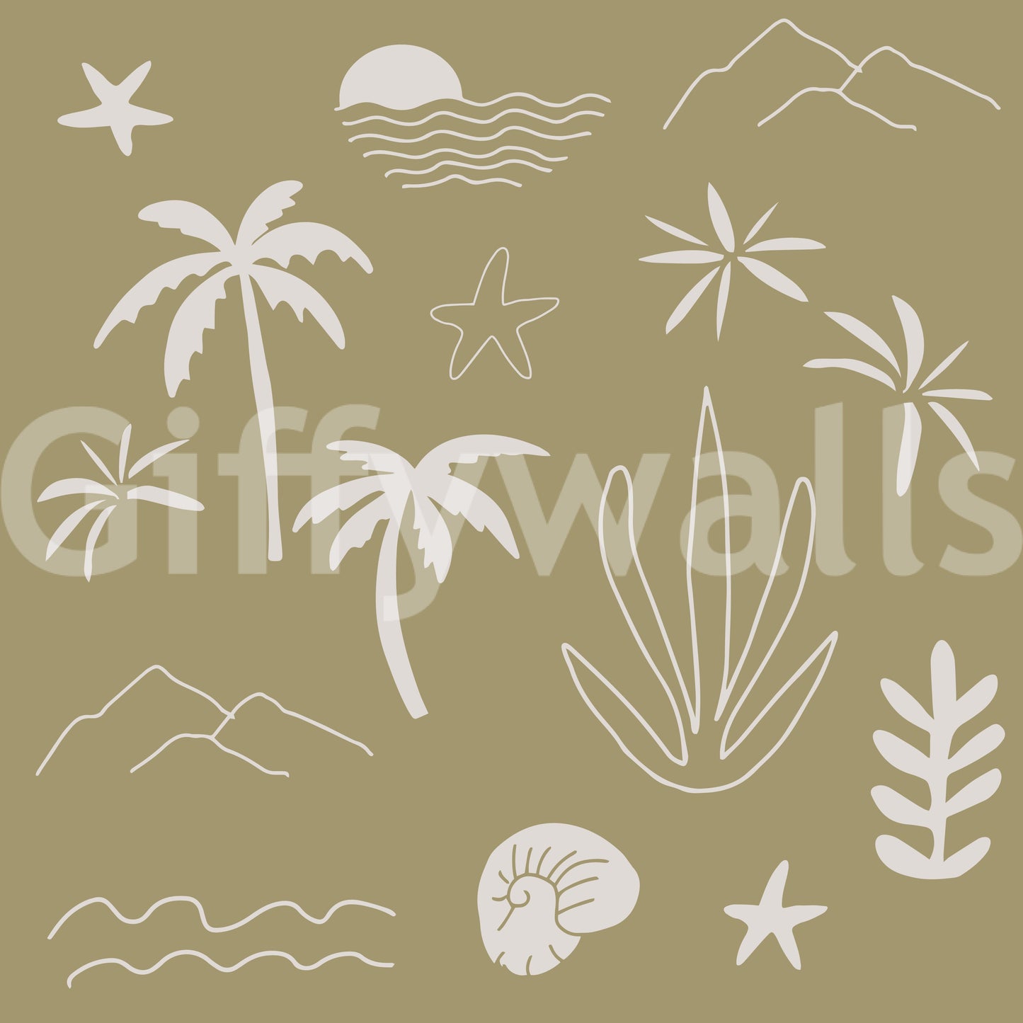 Olive Green Tropical Icon Wallpaper Boho Coastal Wallpaper⁠