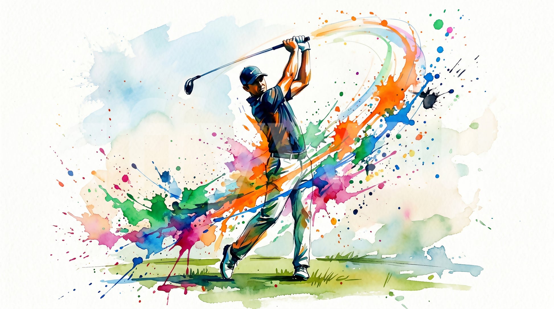 Athletic wall mural with golfer figure and dynamic colour flow
