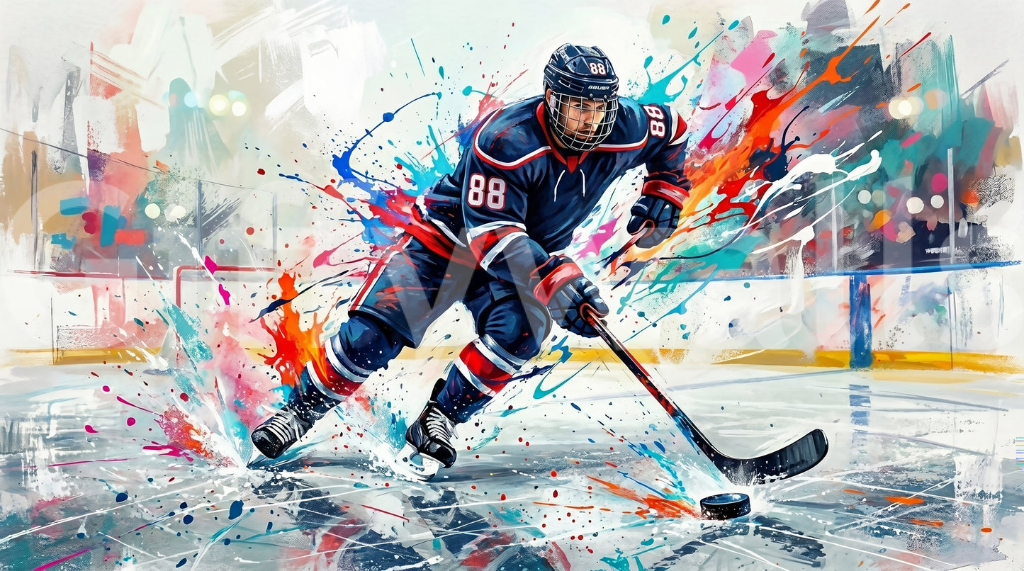 Brushstroke hockey wall mural with fast skating pose and modern sports art