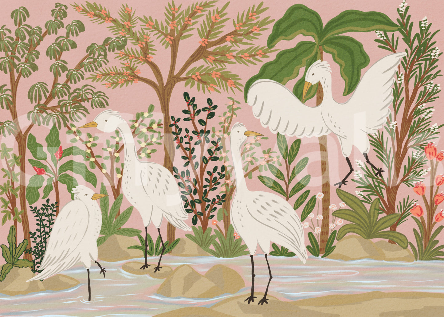 Graceful Egrets in a Serene Botanical Oasis wall mural with calm pastel tones