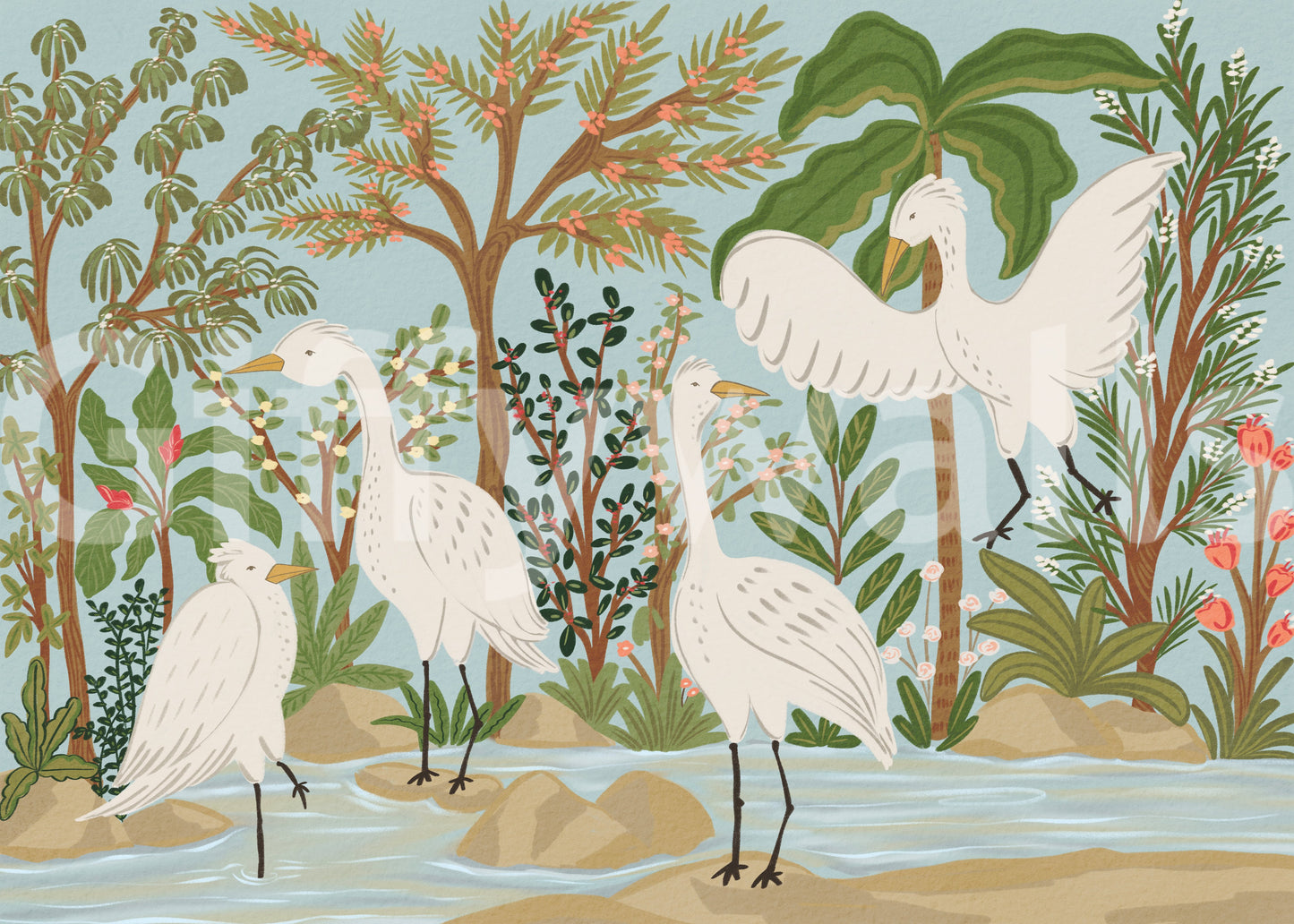 River scene wall mural showing painted egrets, sandy banks, and tropical trees