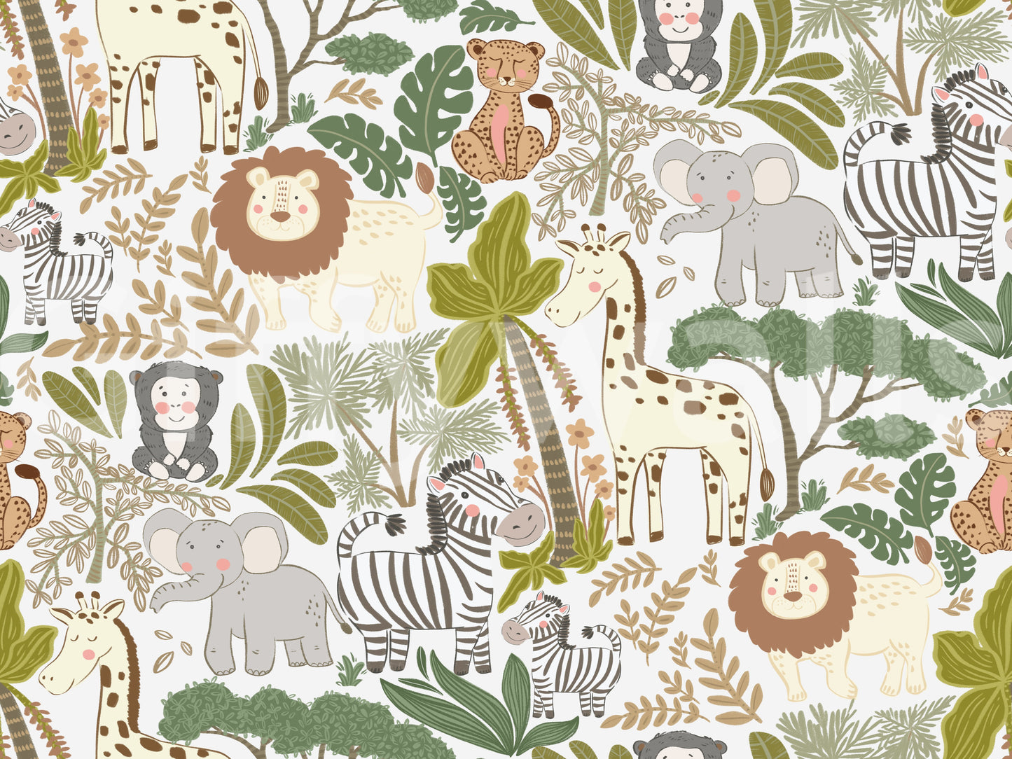 Children’s animal wallpaper with jungle greenery and gentle colors