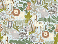 Jungle-themed wallpaper featuring Gentle Safari Pals in muted tones