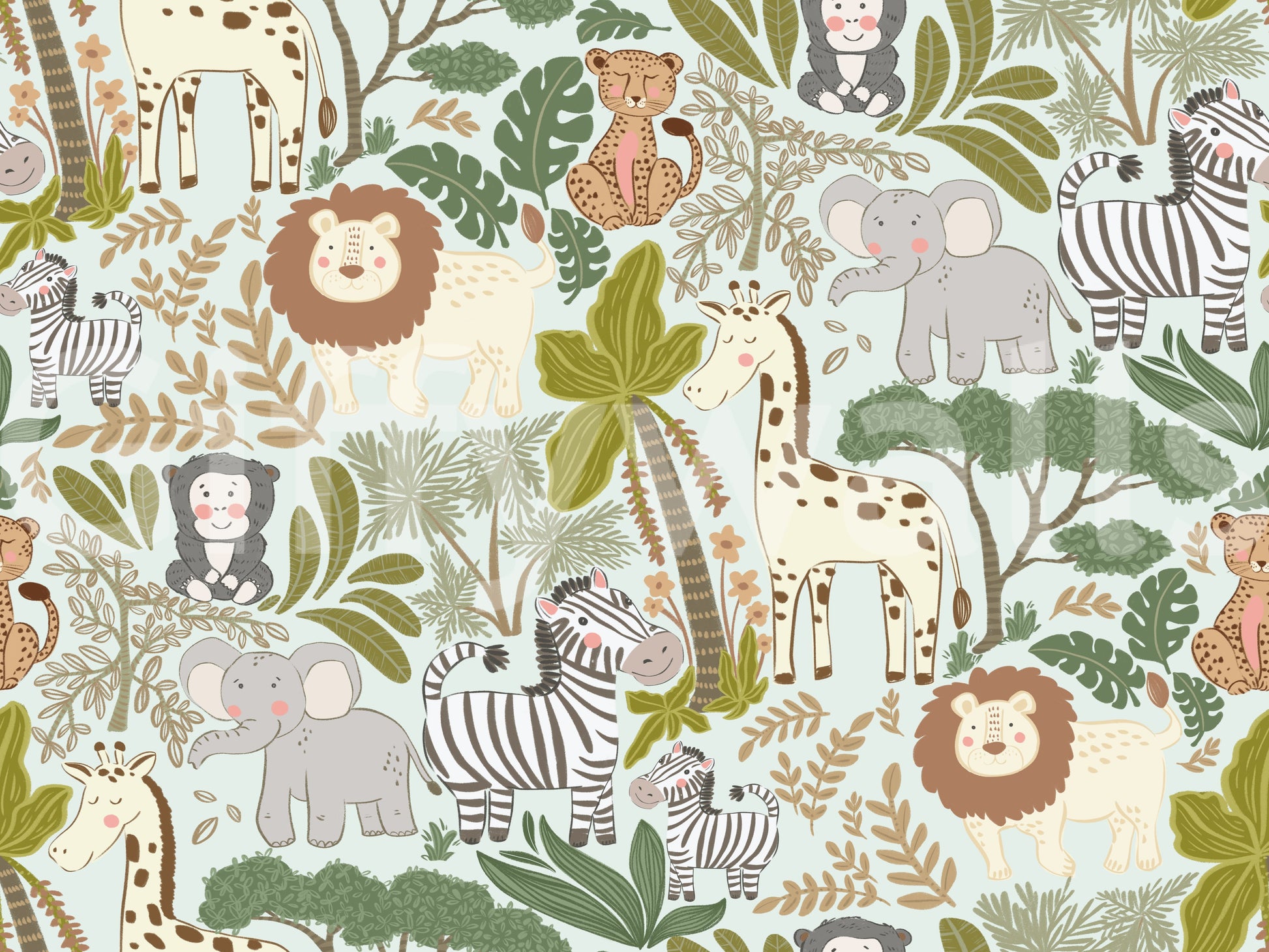 Nursery Safari Wallpaper carrying playful animals and soft jungle plants