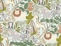 Nursery Safari Wallpaper carrying playful animals and soft jungle plants