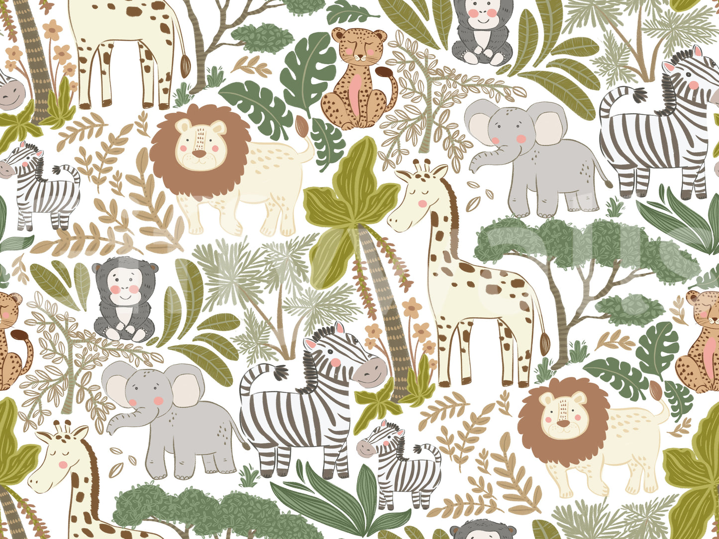 Kids safari wallpaper with cheerful wildlife and leafy forest details